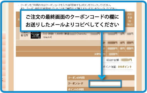 ご注文の最終画面のクーポンコードの欄にお送りしたメールよりコピペしてください